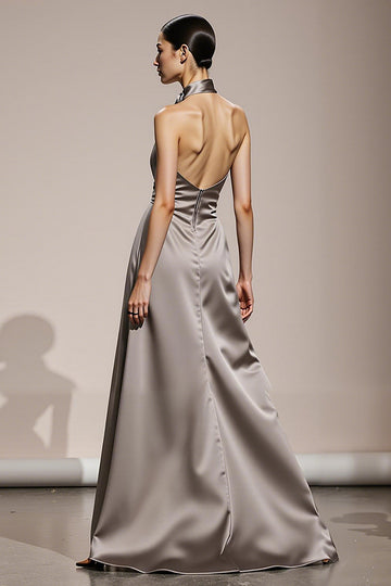 Silver Halter A Line Satin Evening Dress with Slit